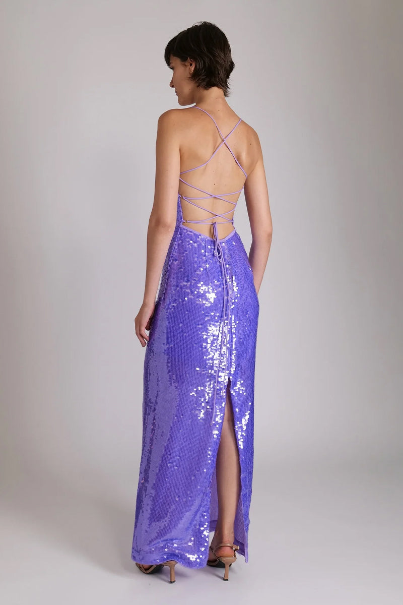 Color_Lavender | Regal Elegance Sequin Lace-Up Maxi Dress | Jewelclues