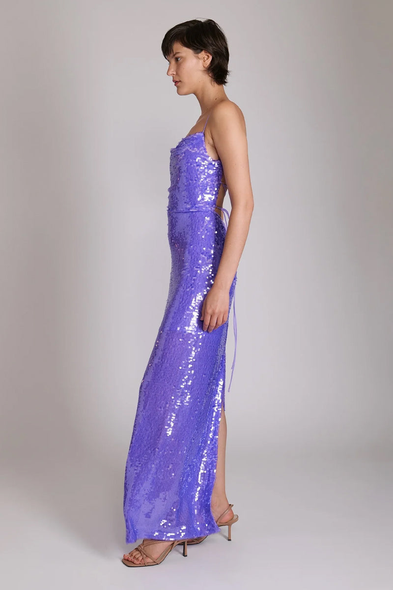 Color_Lavender | Regal Elegance Sequin Lace-Up Maxi Dress | Jewelclues