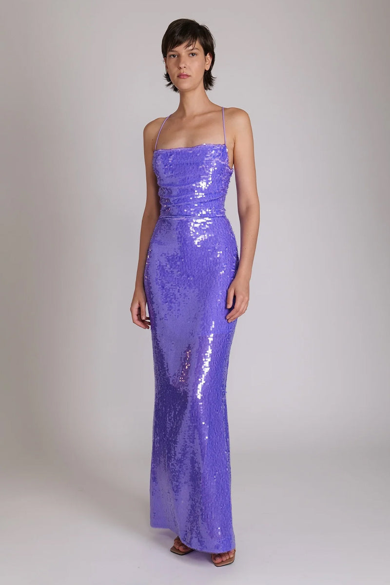 Color_Lavender | Regal Elegance Sequin Lace-Up Maxi Dress | Jewelclues