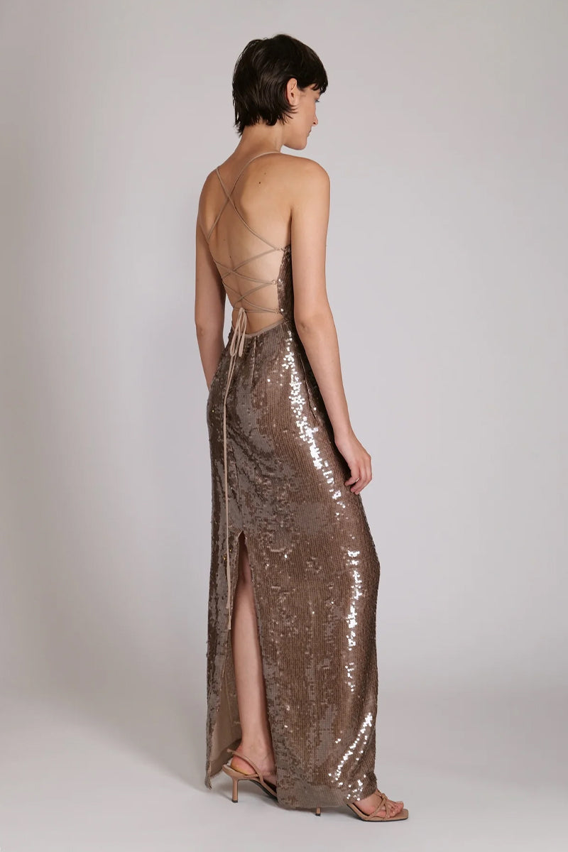 Color_Mocha | Regal Elegance Sequin Lace-Up Maxi Dress | Jewelclues