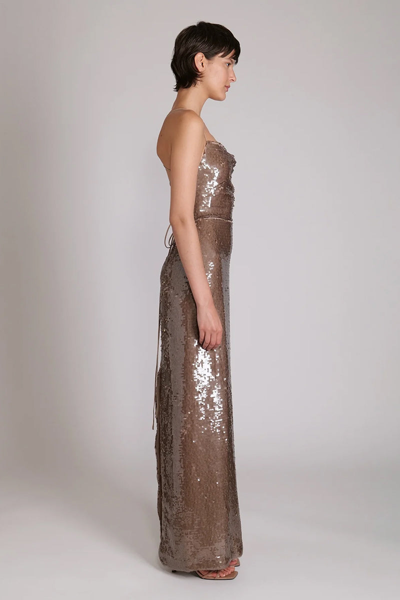 Color_Mocha | Regal Elegance Sequin Lace-Up Maxi Dress | Jewelclues