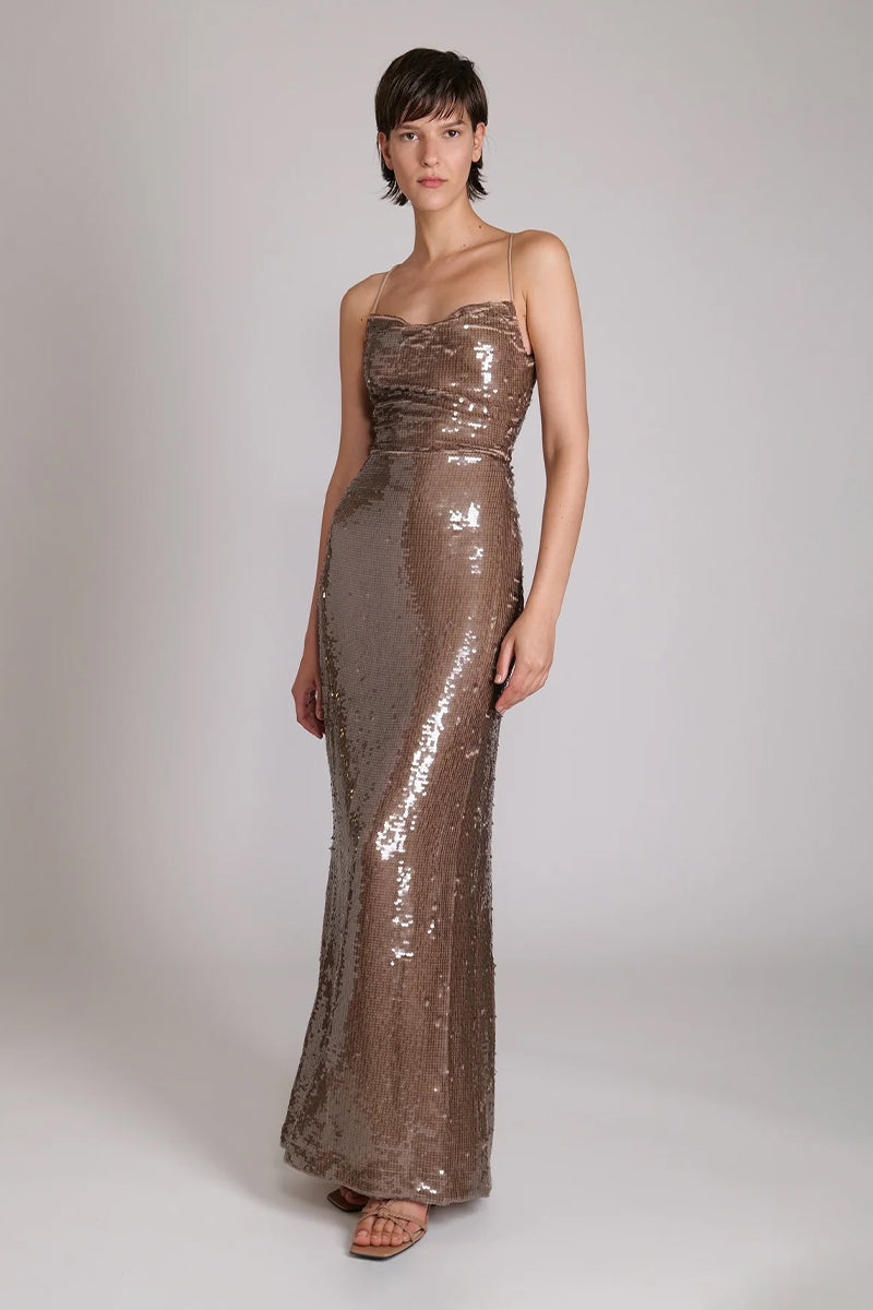 Color_Mocha | Regal Elegance Sequin Lace-Up Maxi Dress | Jewelclues
