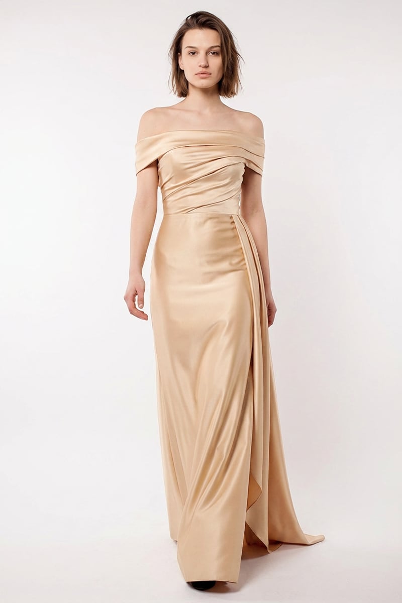 Rickie Off The Shoulder Satin Gown | Jewelclues #color_champagne