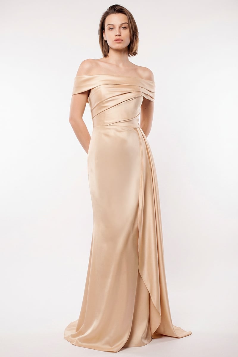 Rickie Off The Shoulder Satin Gown | Jewelclues #color_champagne