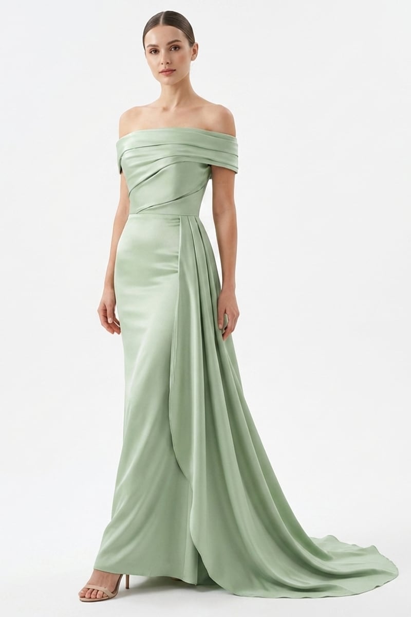 Rickie Off The Shoulder Satin Gown | Jewelclues #color_sage