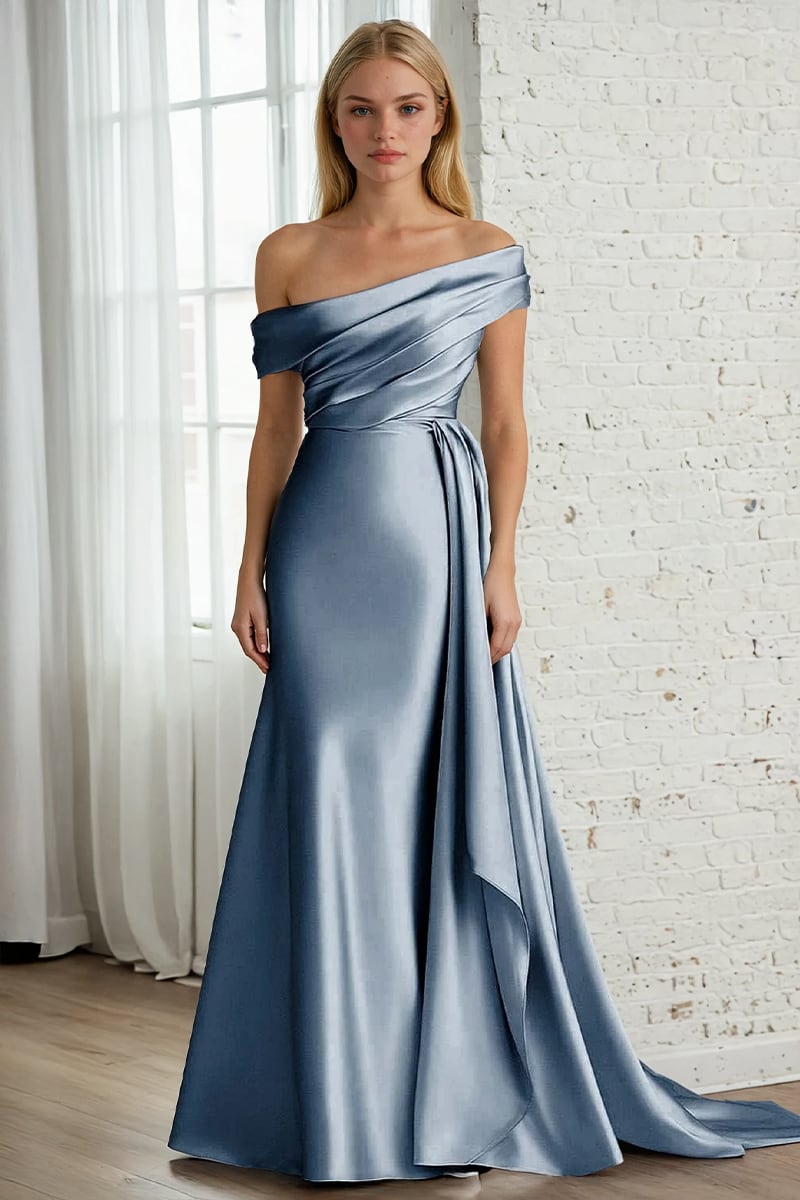 Rickie Off The Shoulder Satin Gown | Jewelclues #color_slate blue
