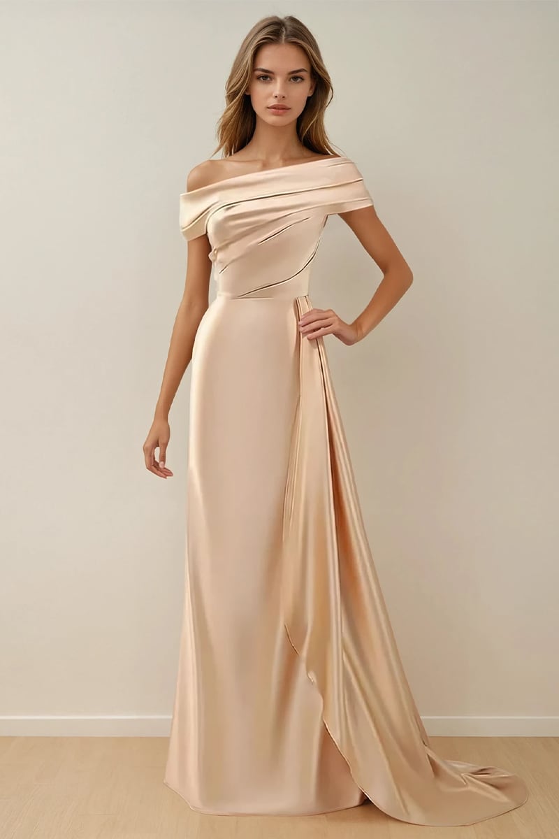 Rickie Off The Shoulder Satin Gown | Jewelclues #color_champagne