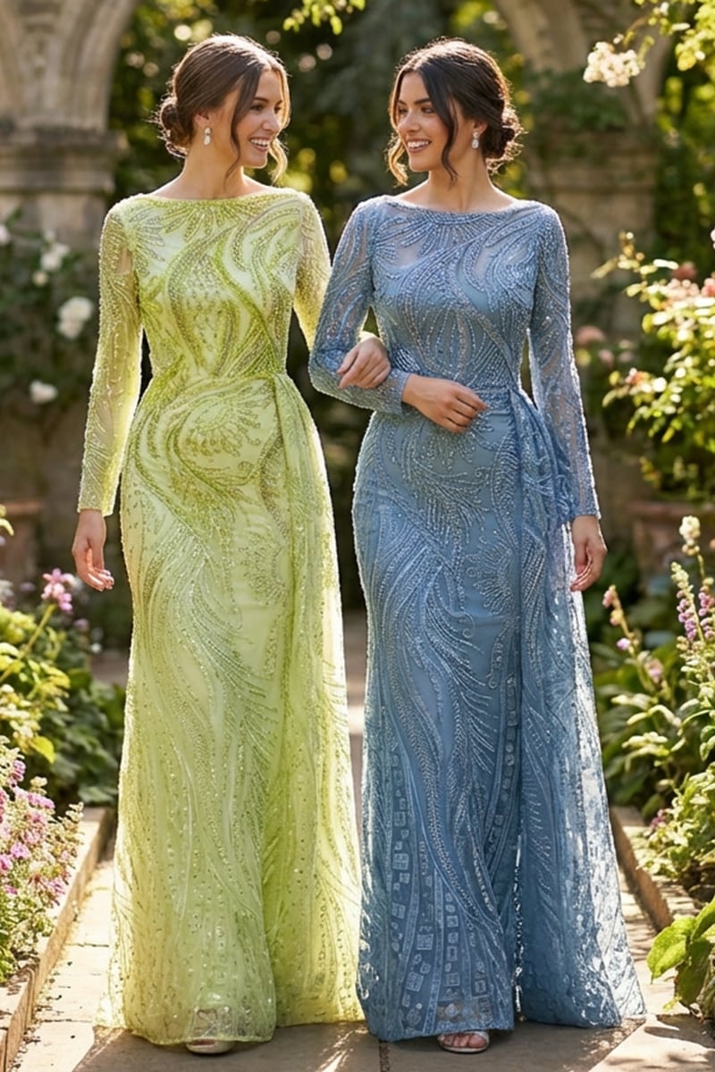 Romina Beaded Long Sleeve Gown | Jewelclues #color_chartreuse