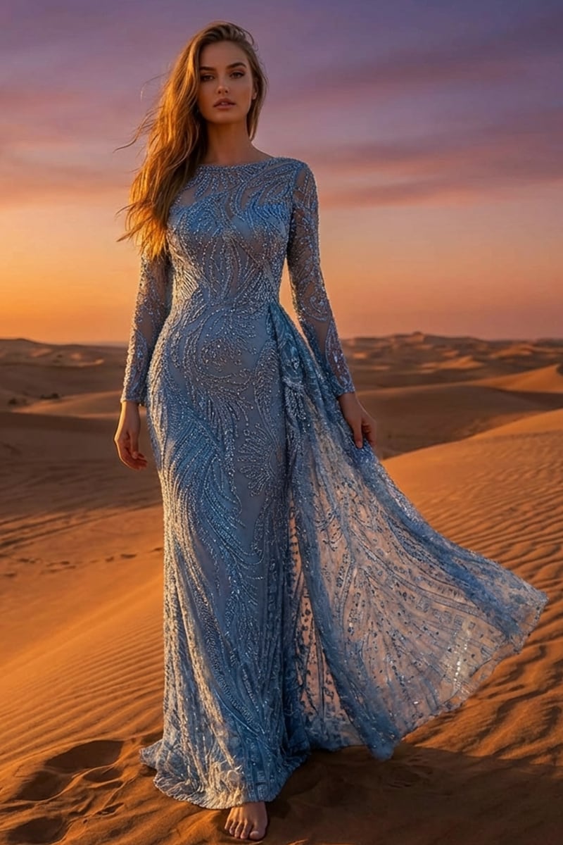 Romina Beaded Long Sleeve Gown | Jewelclues #color_slate blue