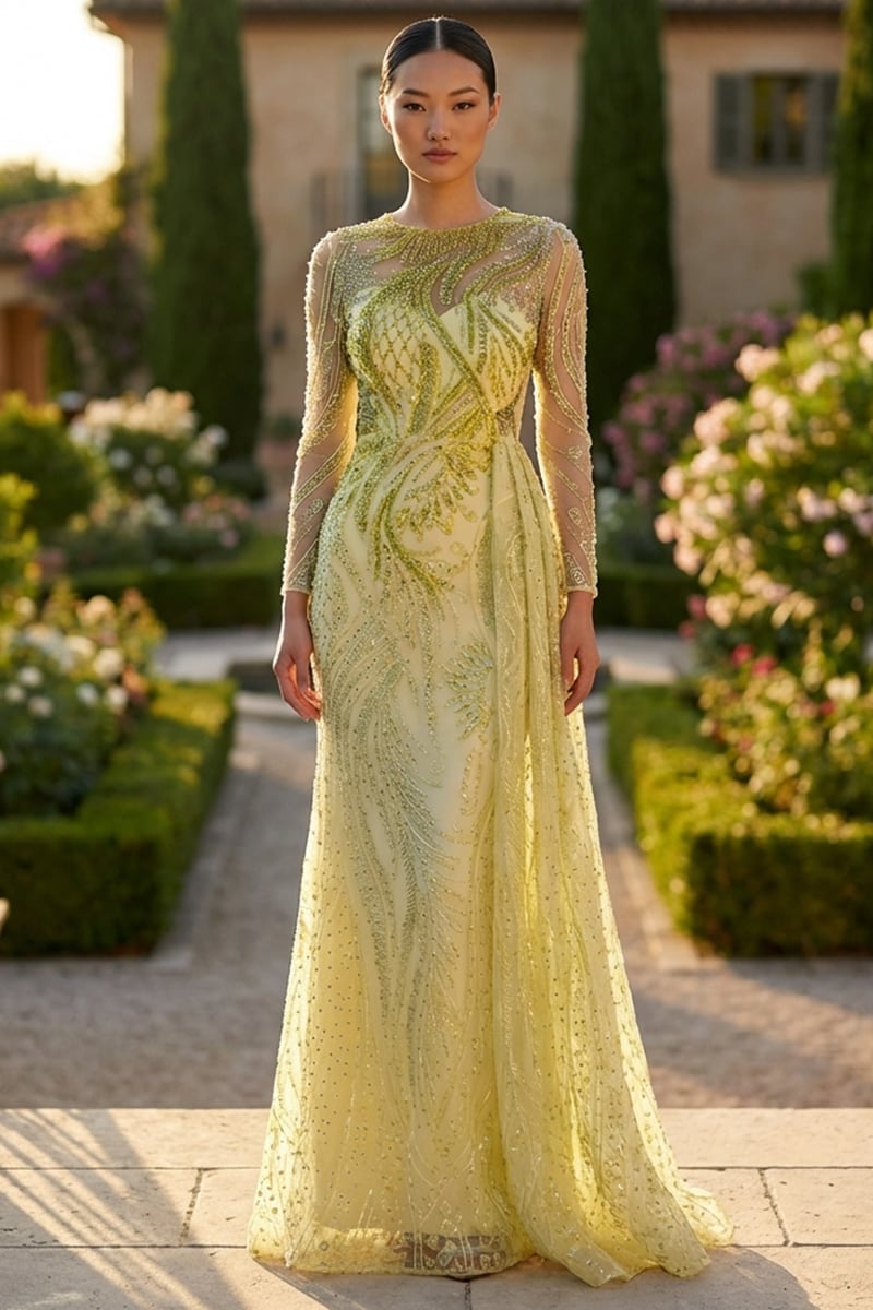 Romina Beaded Long Sleeve Gown | Jewelclues #color_chartreuse