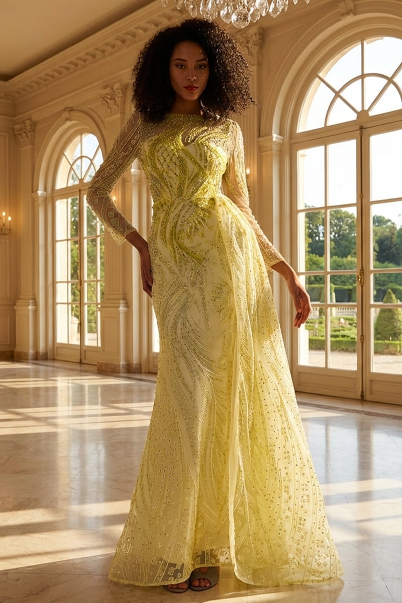 Romina Beaded Long Sleeve Gown | Jewelclues #color_chartreuse