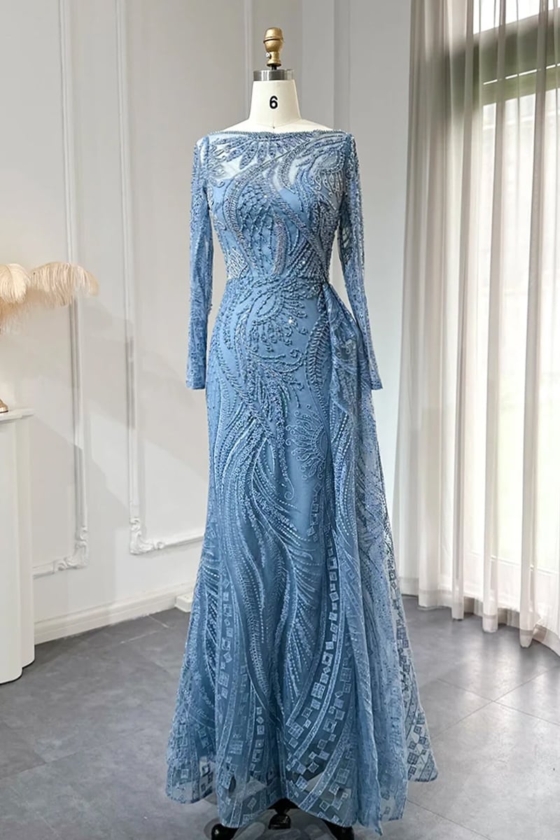Romina Beaded Long Sleeve Gown | Jewelclues #color_slate blue