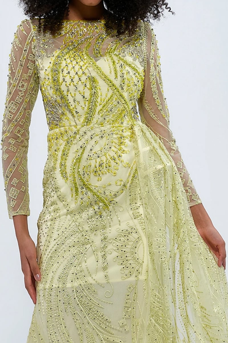 Romina Beaded Long Sleeve Gown | Jewelclues #color_chartreuse