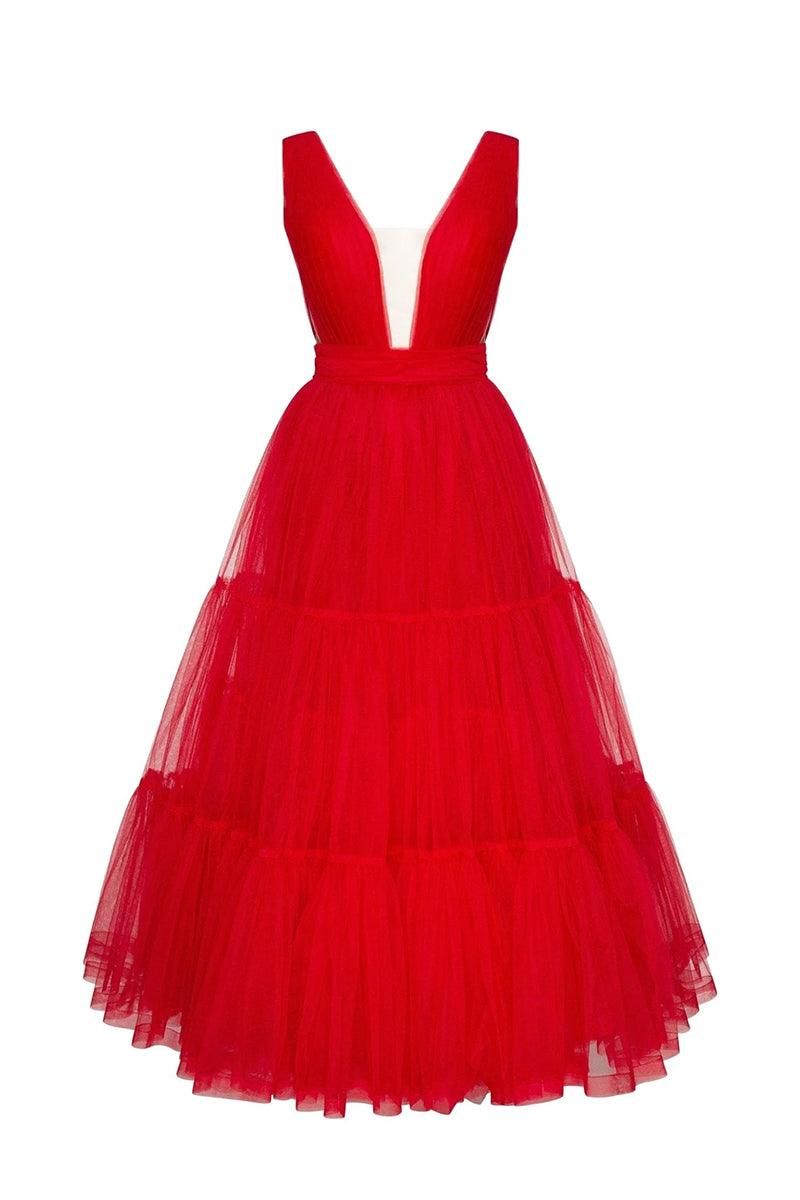 Savannah A-line Tulle Midi Dress | Jewelclues #color_red