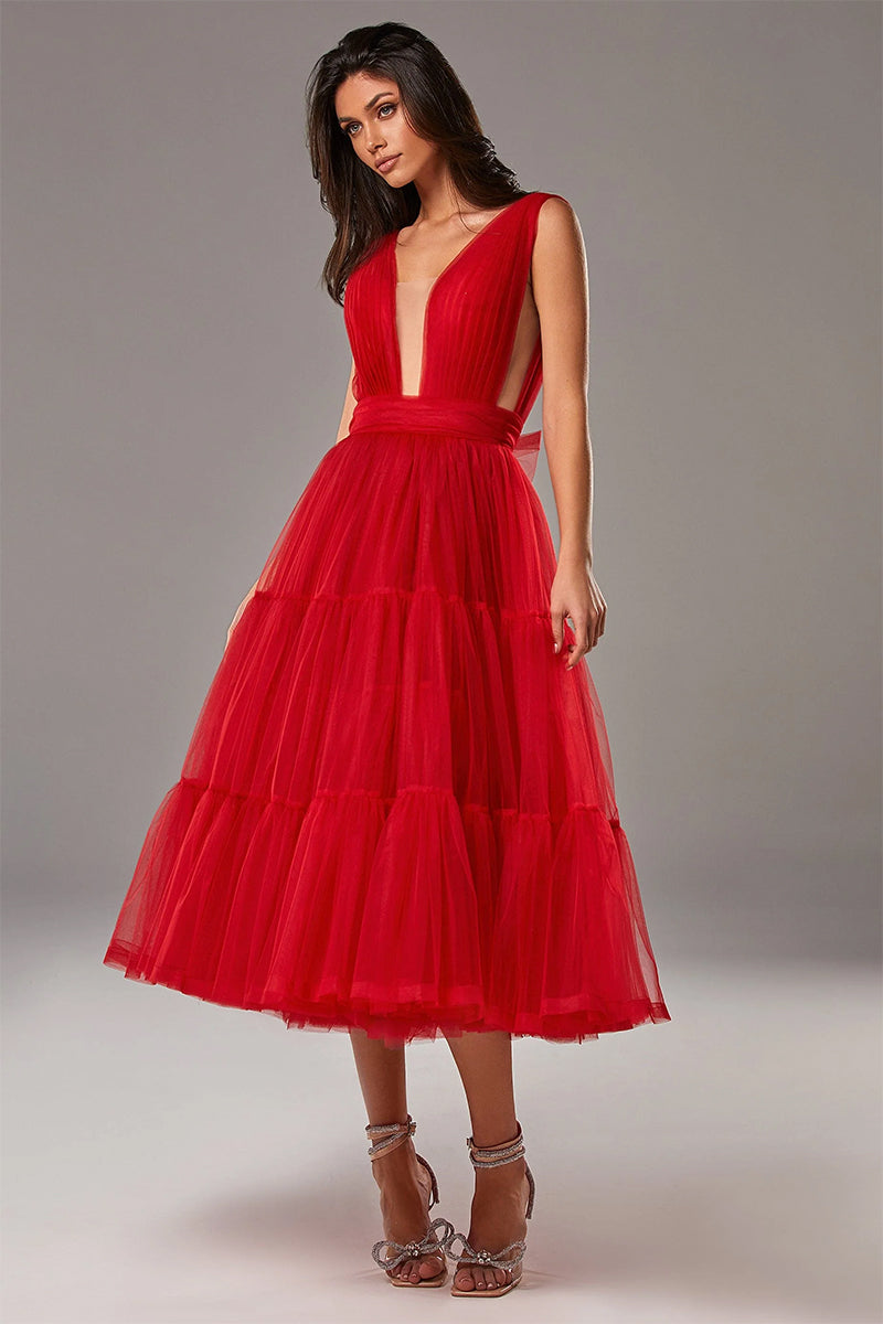 Savannah A-line Tulle Midi Dress | Jewelclues #color_red