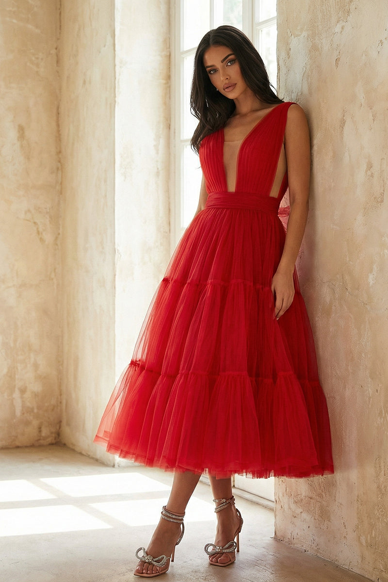 Savannah A-line Tulle Midi Dress | Jewelclues #color_red