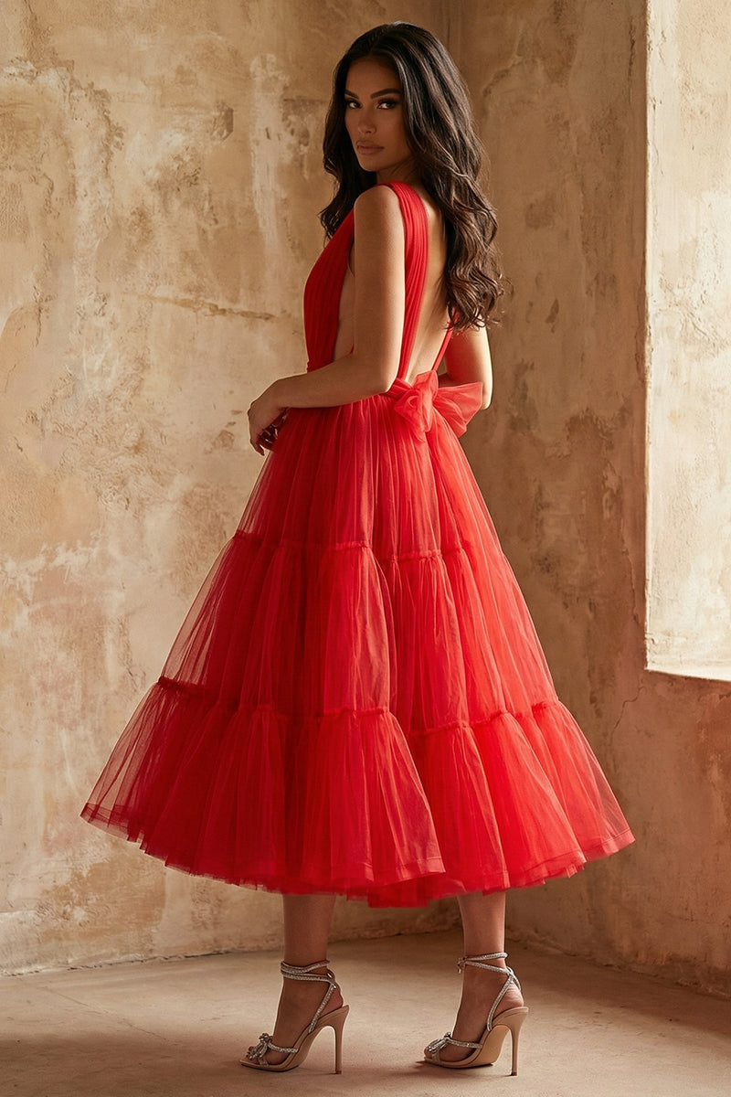 Savannah A-line Tulle Midi Dress | Jewelclues #color_red