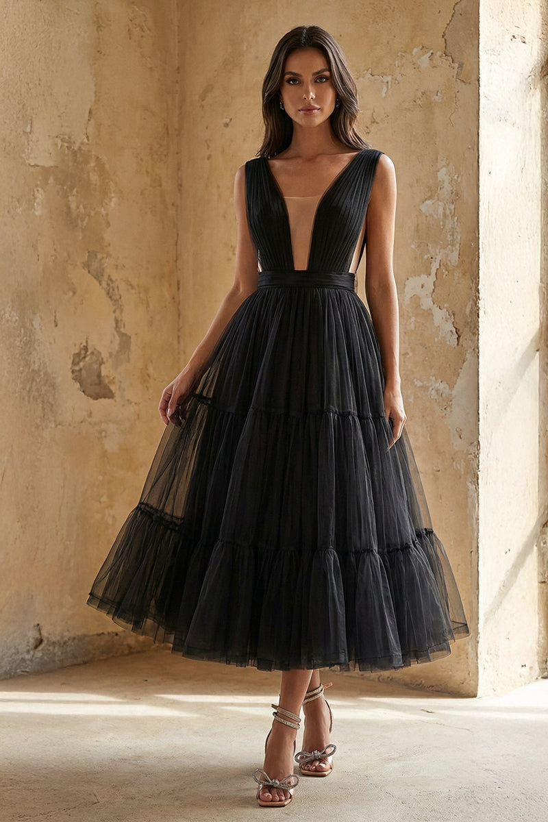 Savannah A-line Tulle Midi Dress | Jewelclues #color_black