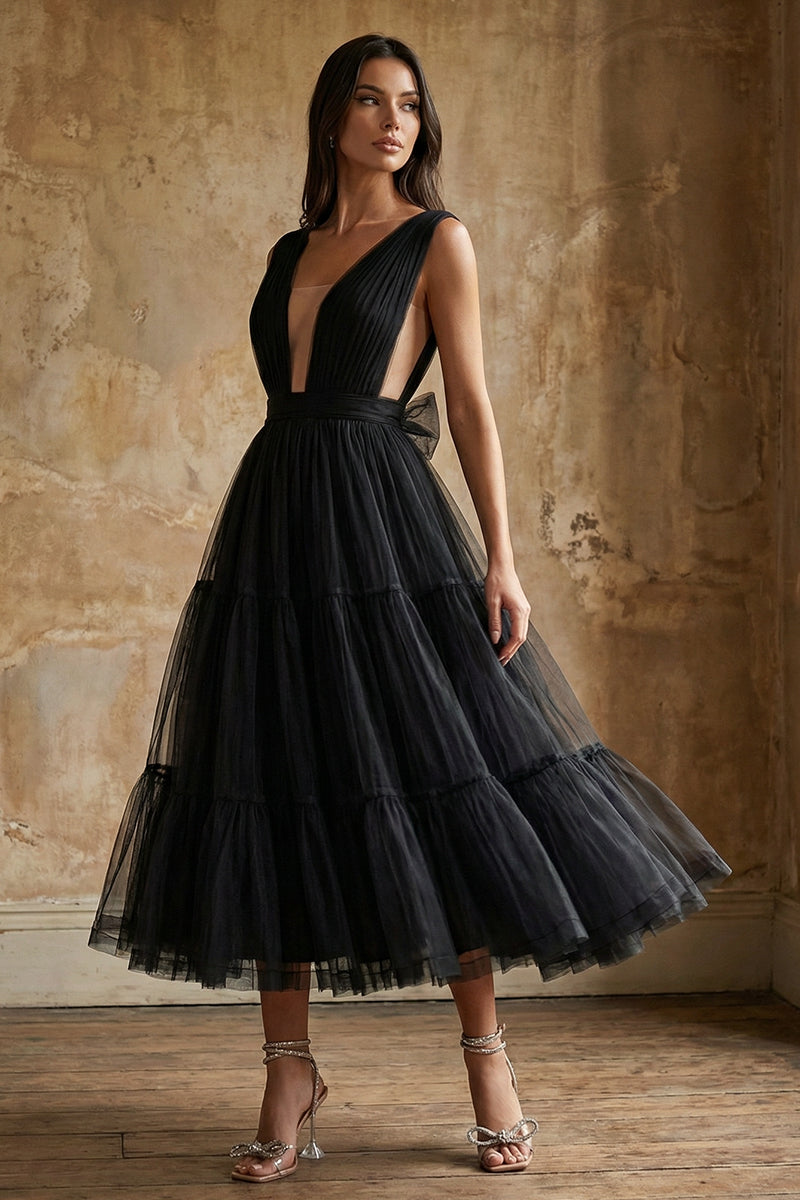Savannah A-line Tulle Midi Dress | Jewelclues #color_black