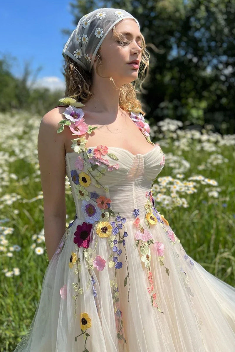3D Floral Bustier Midi Dress