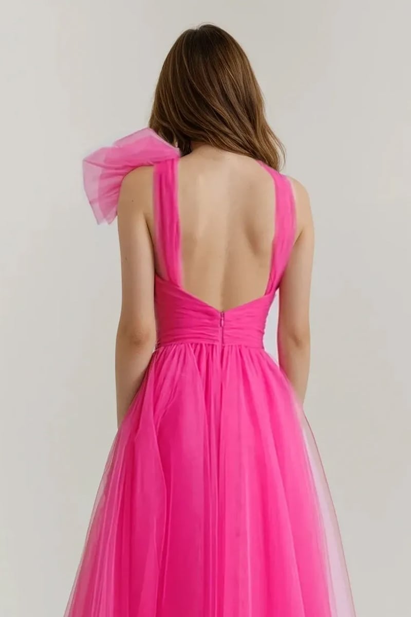 Seraphina One-Shoulder Layered Tulle Maxi Dress | Jewelclues #color_hot pink