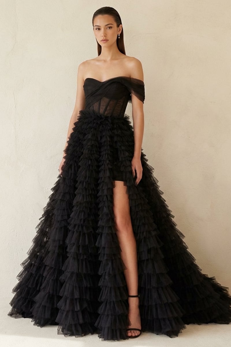 Seraphina One-Shoulder Tulle Ball Gown | Jewelclues - Black