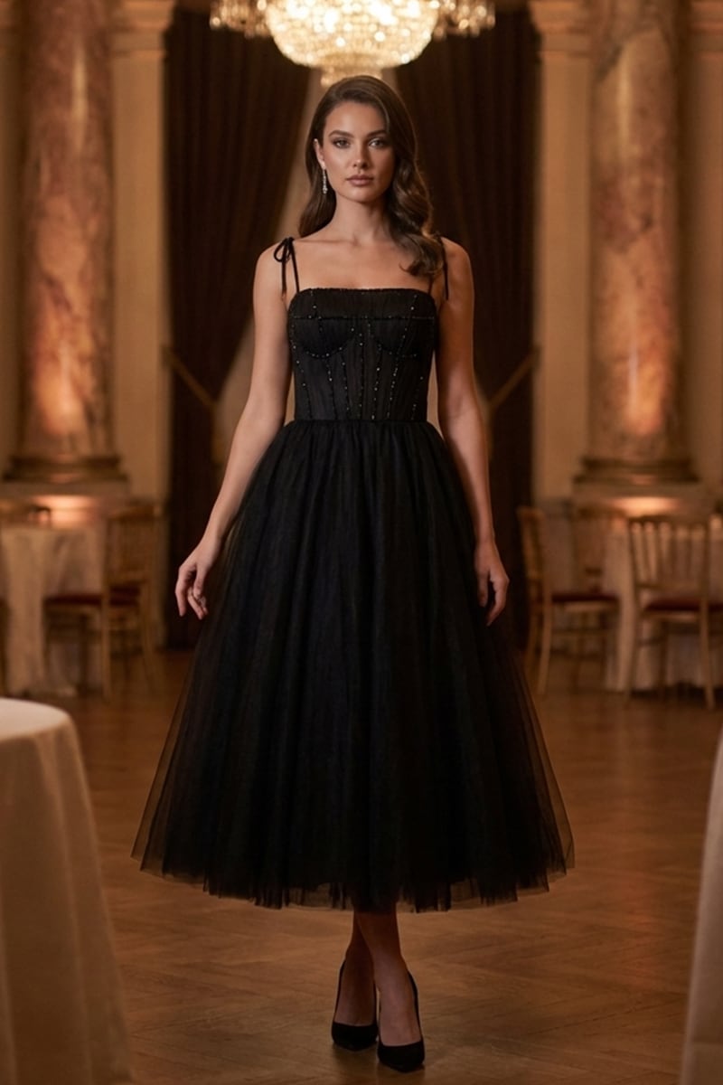 Sidney Tie-Strap Tulle Midi Dress | Jewelclues #color_black