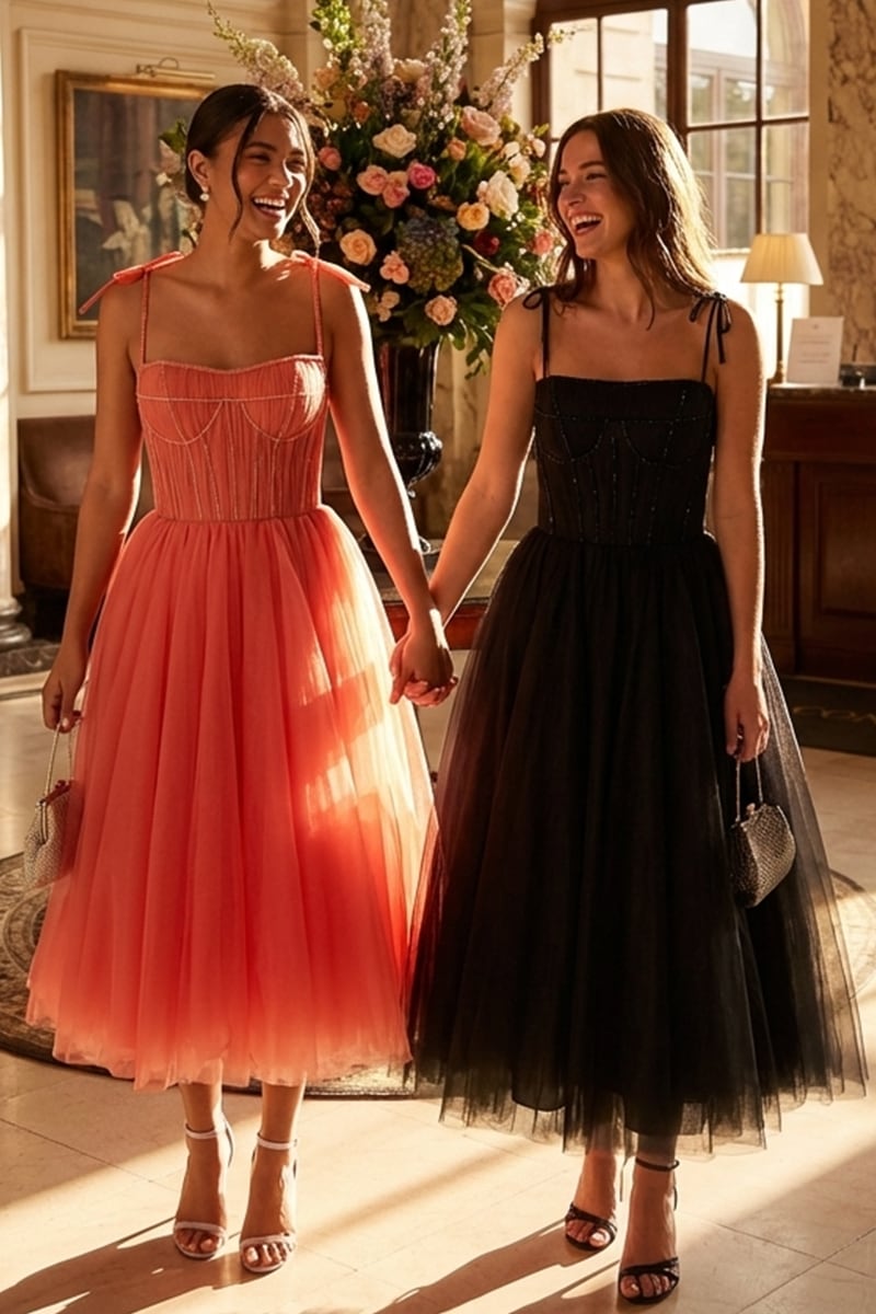 Sidney Tie-Strap Tulle Midi Dress | Jewelclues #color_coral