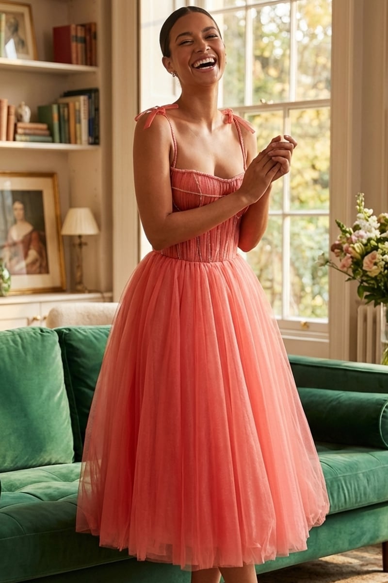 Sidney Tie-Strap Tulle Midi Dress | Jewelclues #color_coral