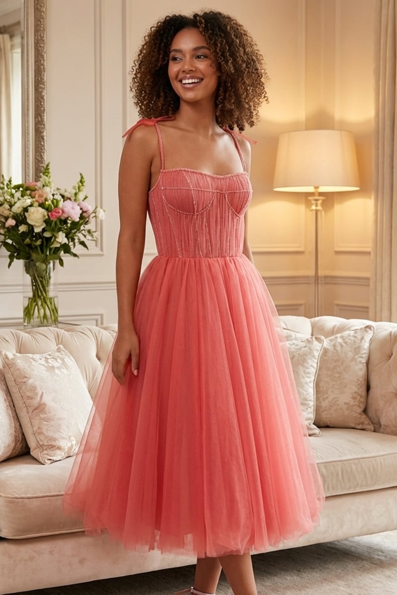 Sidney Tie-Strap Tulle Midi Dress | Jewelclues #color_coral