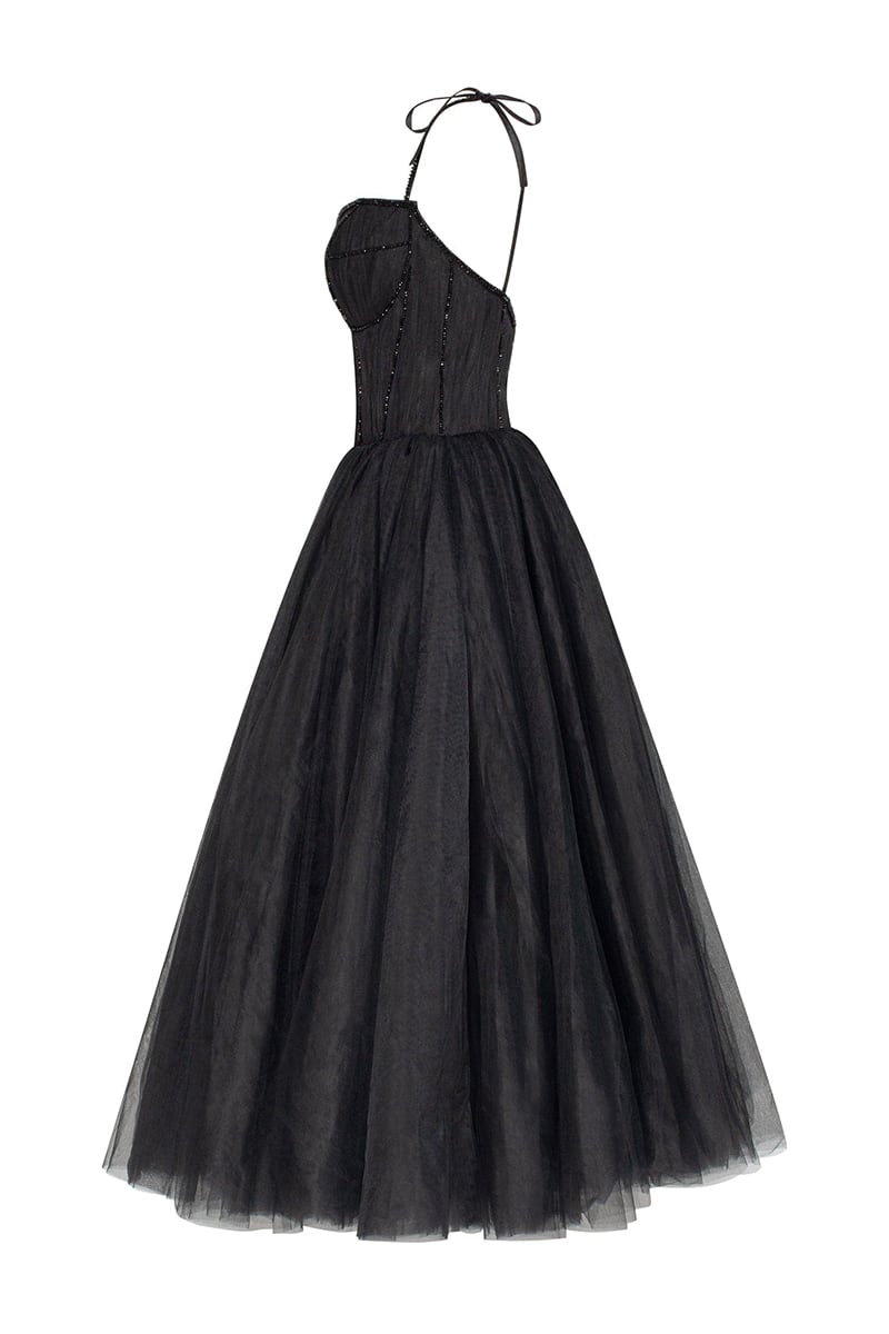 Sidney Tie-Strap Tulle Midi Dress | Jewelclues #color_black