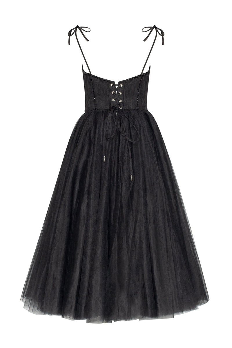 Sidney Tie-Strap Tulle Midi Dress | Jewelclues #color_black