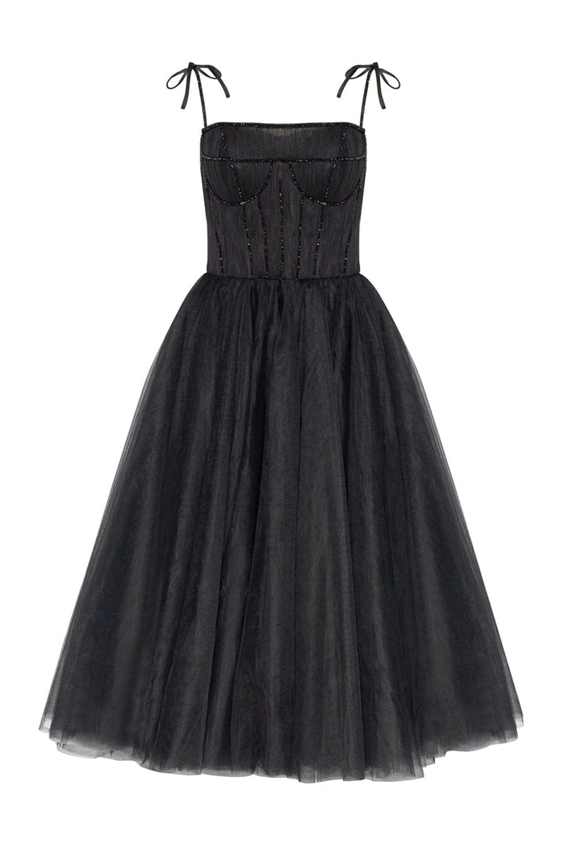 Sidney Tie-Strap Tulle Midi Dress | Jewelclues #color_black