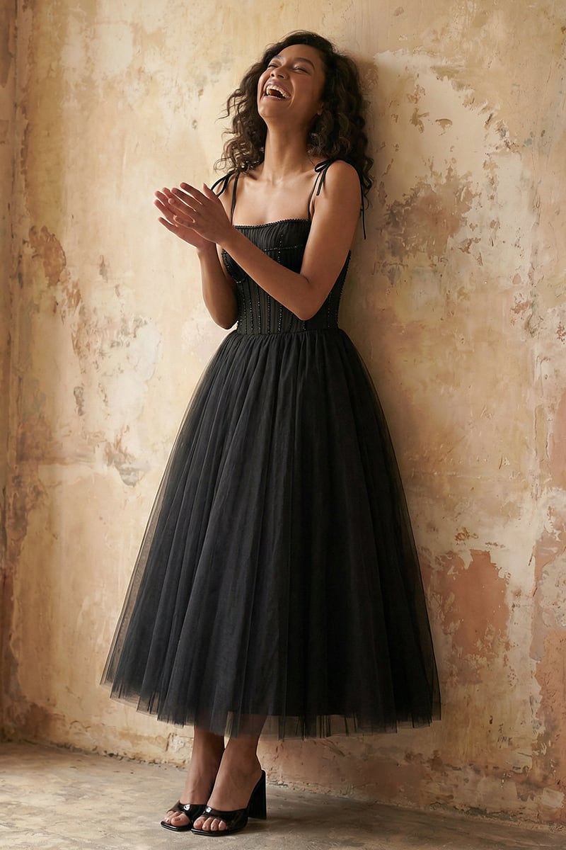 Sidney Tie-Strap Tulle Midi Dress | Jewelclues #color_black