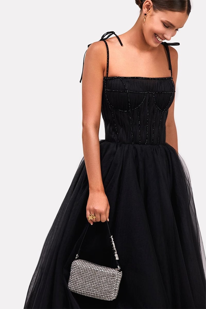 Sidney Tie-Strap Tulle Midi Dress | Jewelclues #color_black