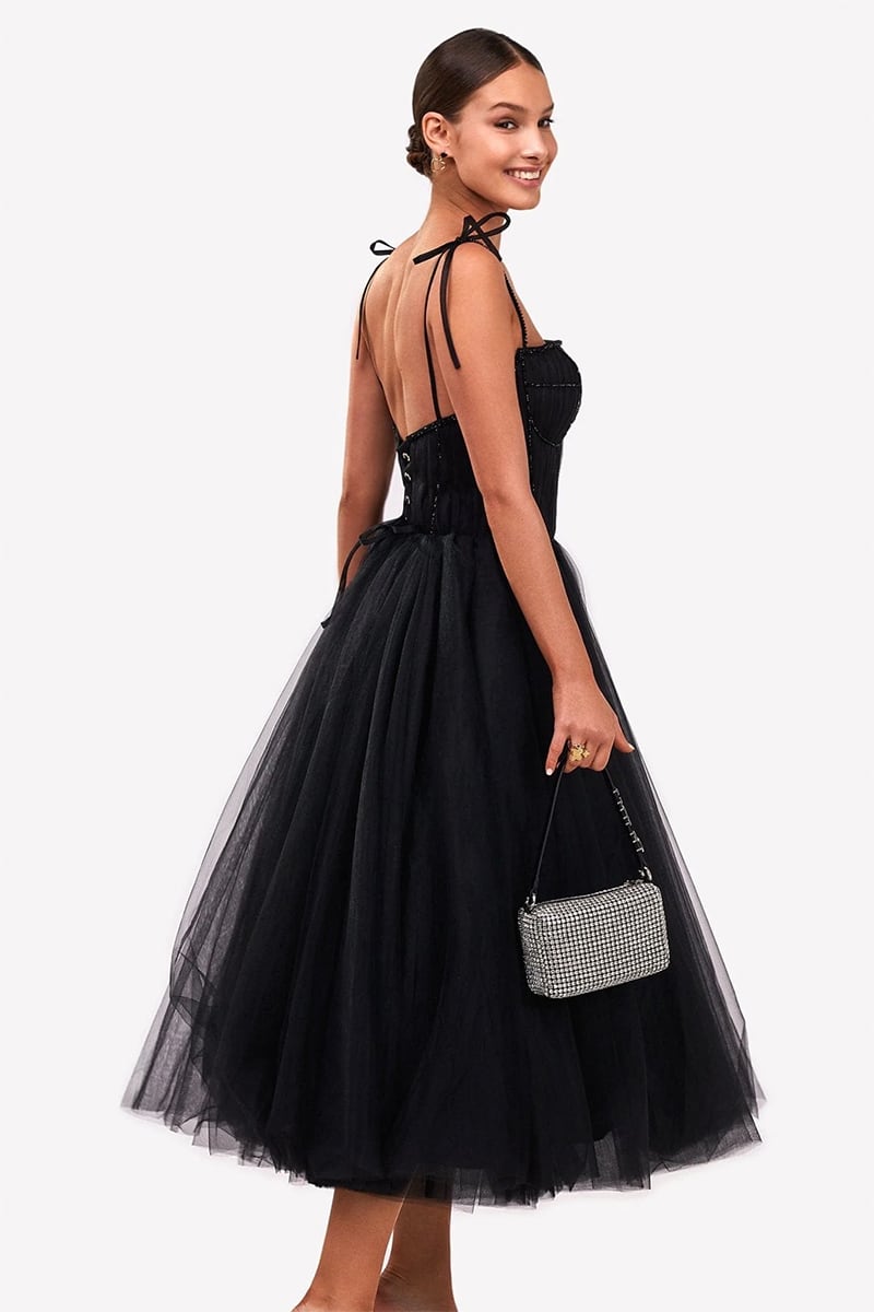 Sidney Tie-Strap Tulle Midi Dress | Jewelclues #color_black