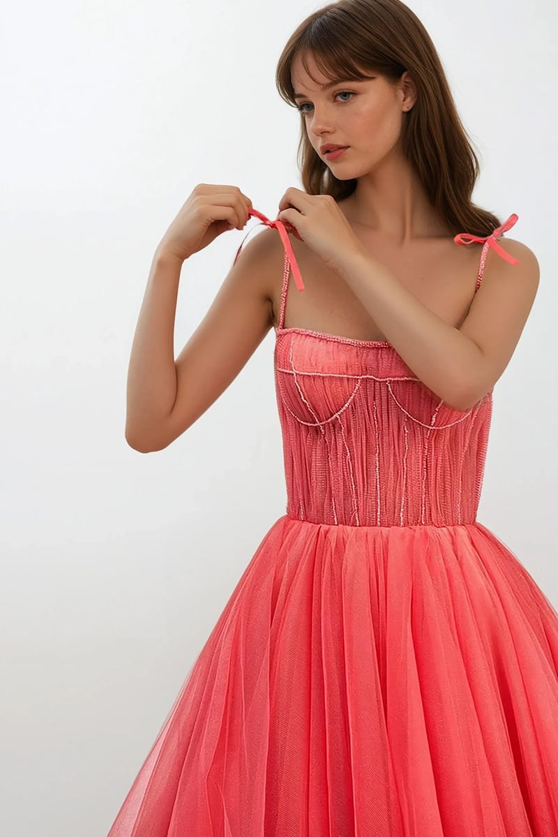 Sidney Tie-Strap Tulle Midi Dress | Jewelclues #color_coral