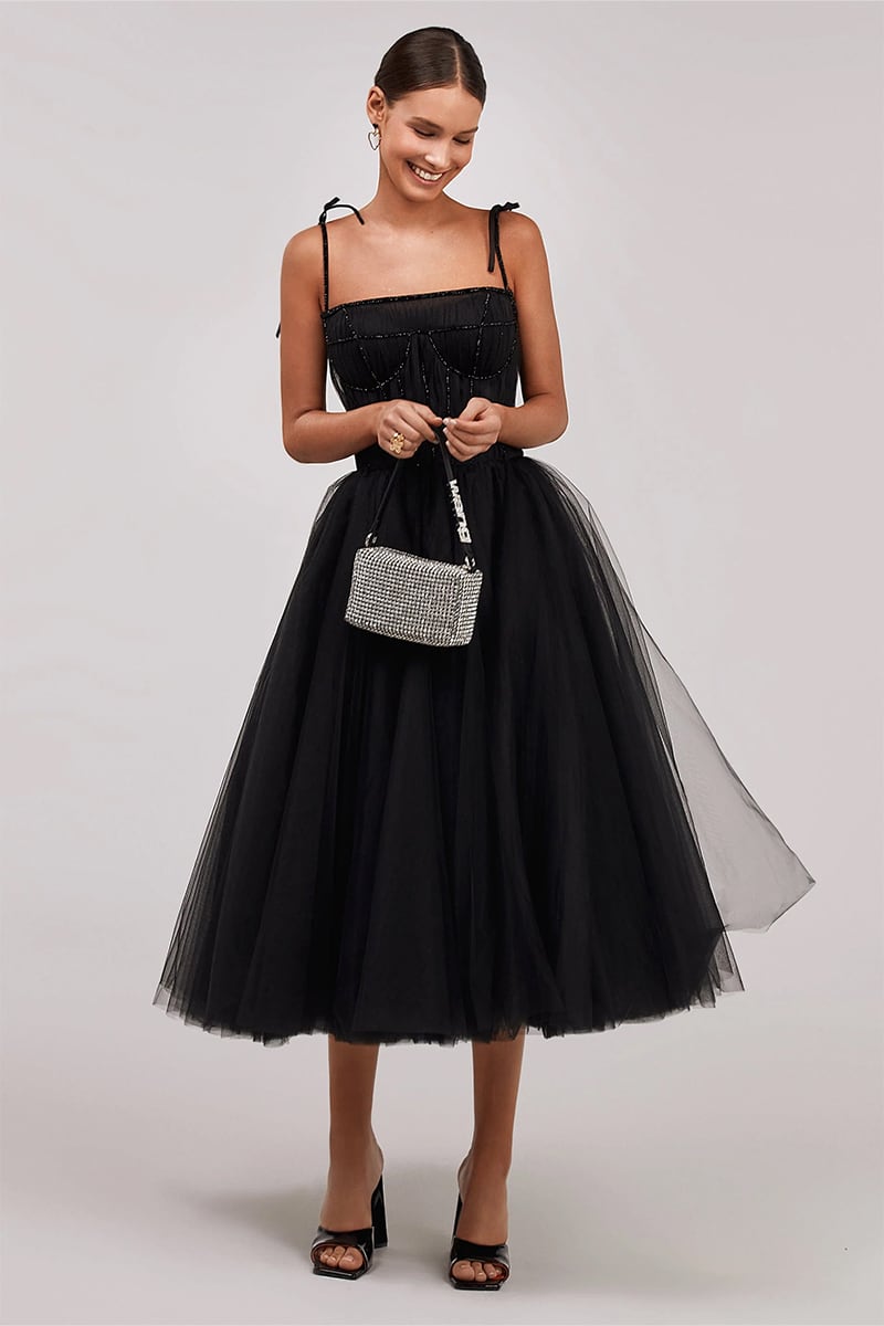 Sidney Tie-Strap Tulle Midi Dress | Jewelclues #color_black