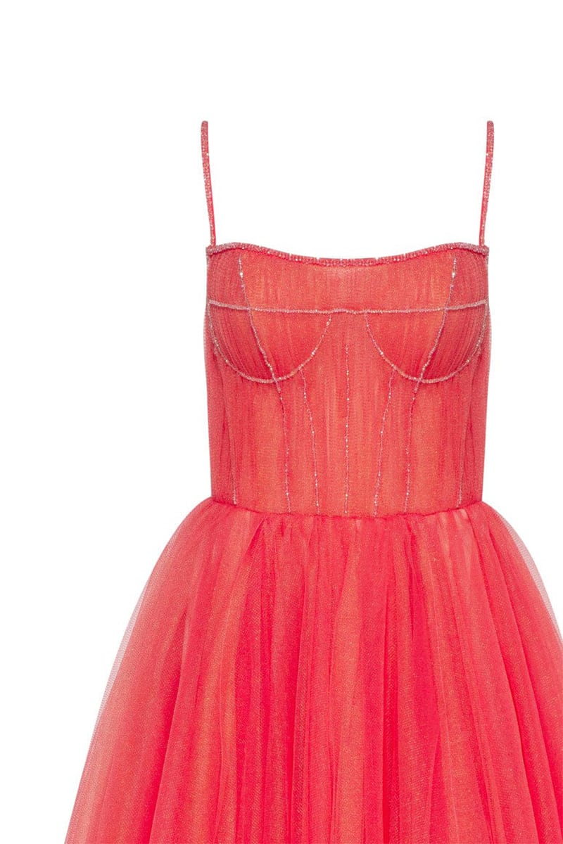 Sidney Tie-Strap Tulle Midi Dress | Jewelclues #color_coral