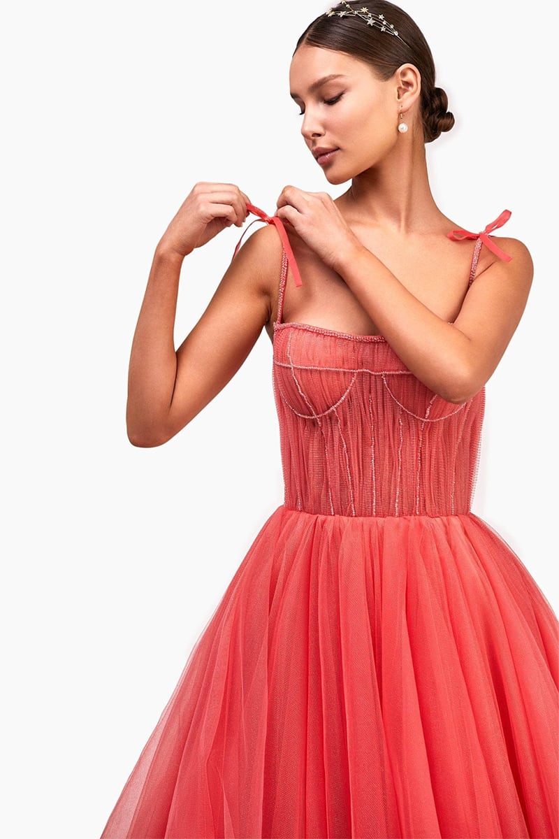 Sidney Tie-Strap Tulle Midi Dress | Jewelclues #color_coral