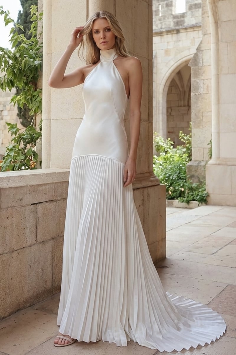 Sofia Halter Satin Pleated Gown | JewelClues