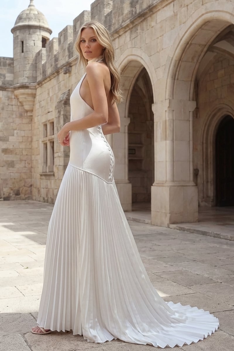Sofia Halter Satin Pleated Gown | JewelClues
