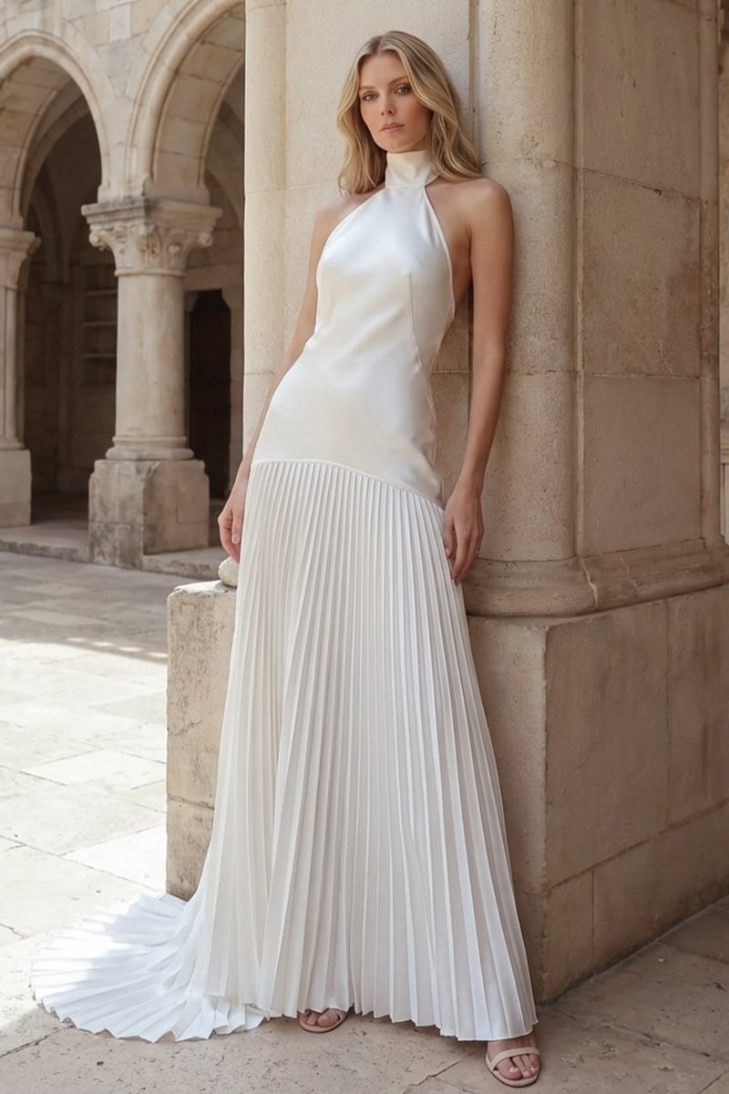 Sofia Halter Satin Pleated Gown | JewelClues