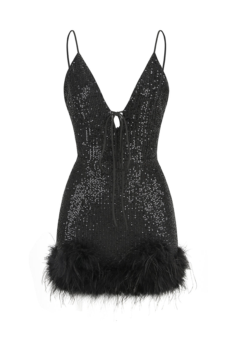 Sparkly Glam Sequin Feather Mini Dress | Jewelclues | #color_black