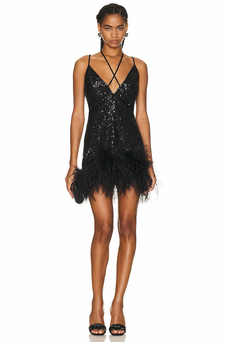 Sparkly Glam Sequin Feather Mini Dress | Jewelclues | #color_black