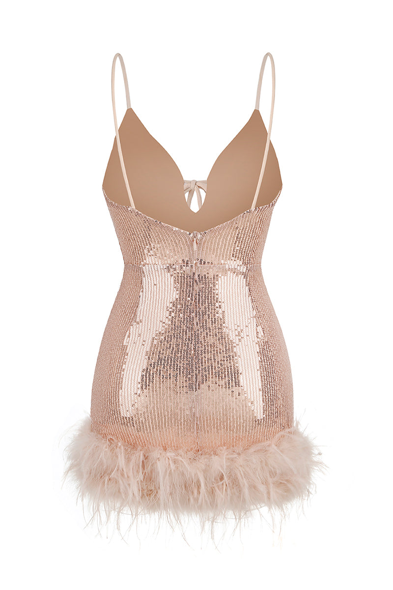 Sparkly Glam Sequin Feather Mini Dress | Jewelclues | #color_blush