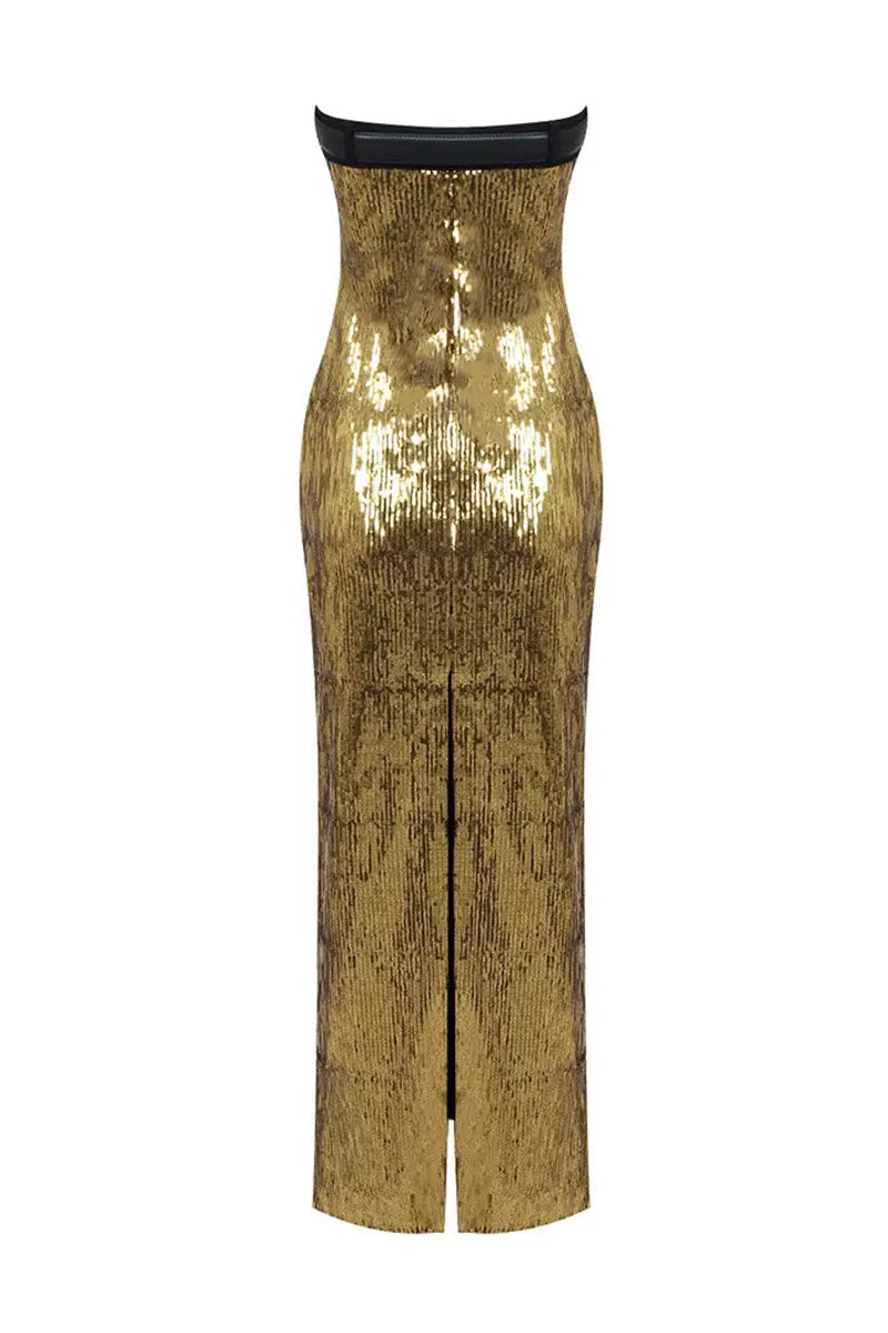 Talena Gold Sequin Strapless Maxi Dress | Jewelclues