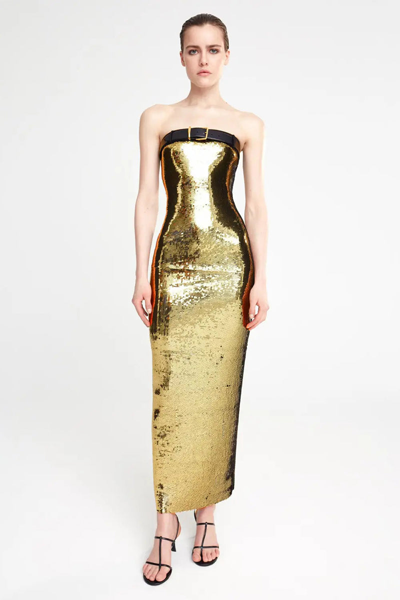 Talena Gold Sequin Strapless Maxi Dress | Jewelclues