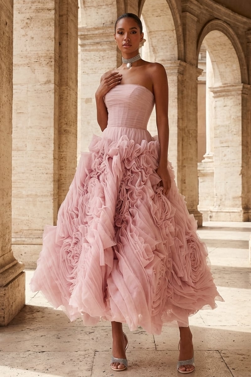 Unreal Sensibility Tulle Strapless Midi Dress | Jewelclues | #color_blush