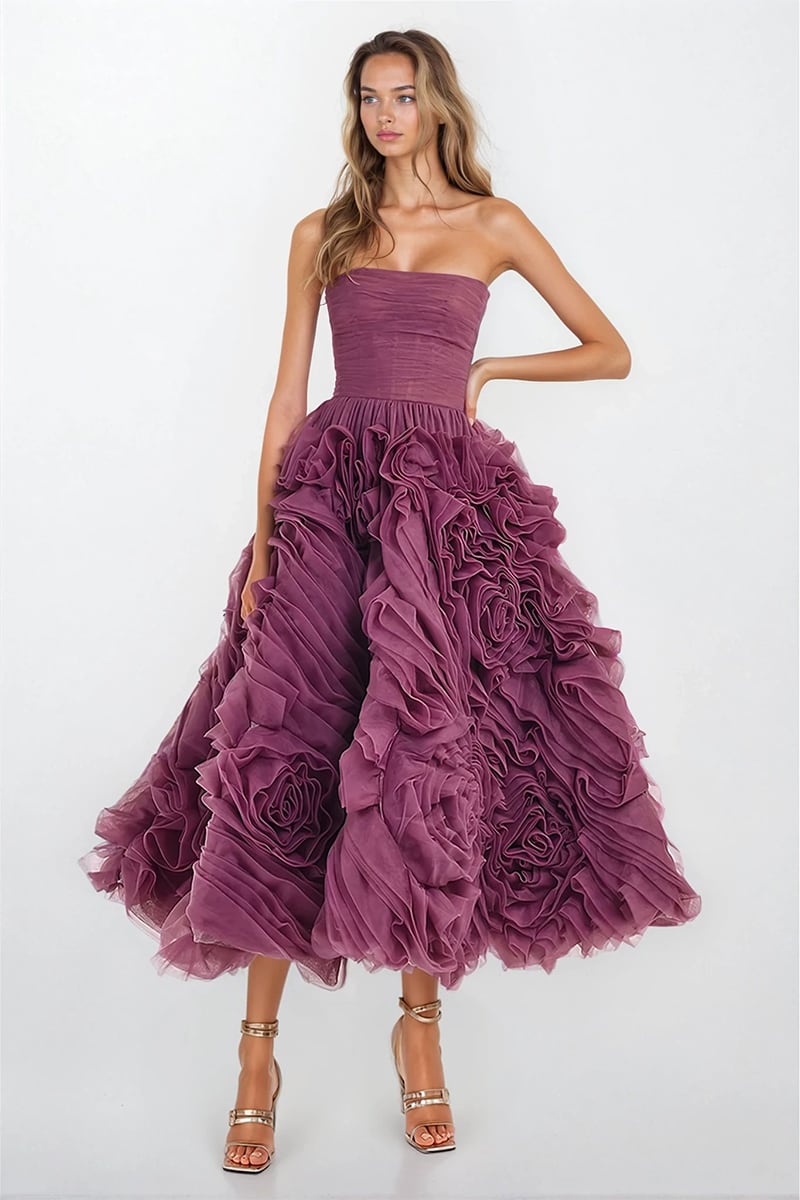 Unreal Sensibility Tulle Strapless Midi Dress | Jewelclues | #color_wine